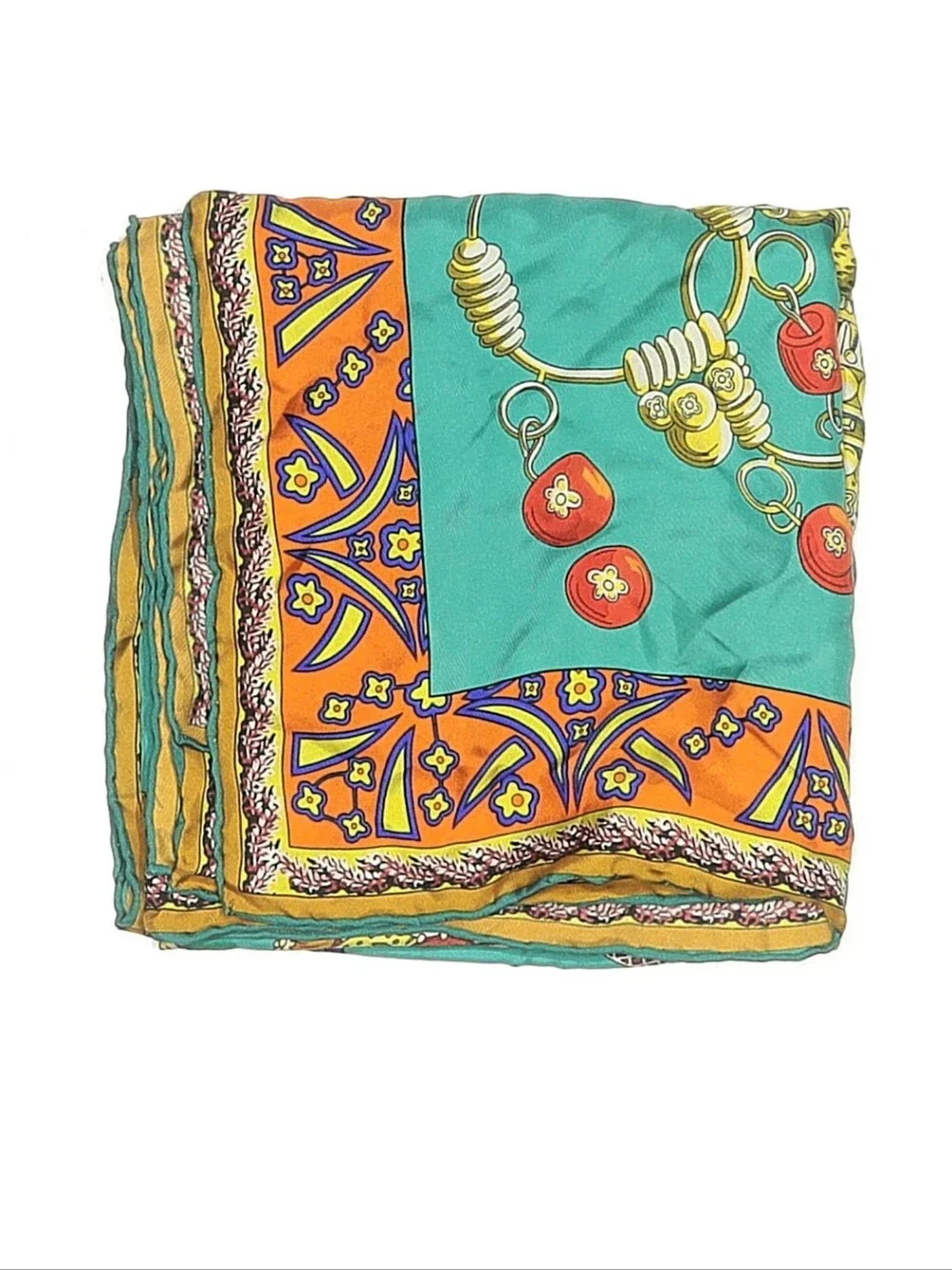 Turquoise & Orange Printed Silk Scarf
